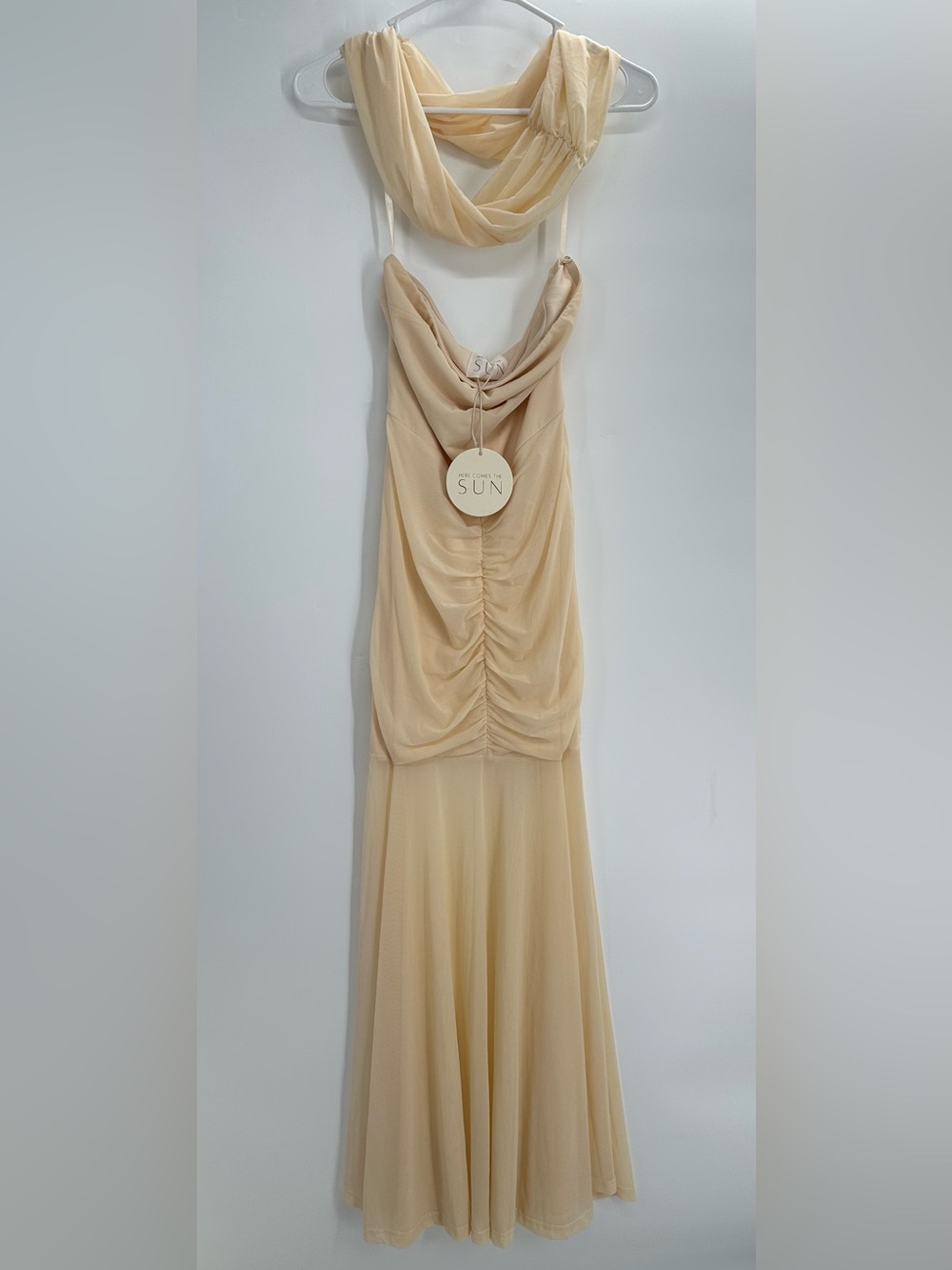 Here Comes The Sun Yellow Ruched Mesh Maxi Strapless Dress with Scarf Size Small